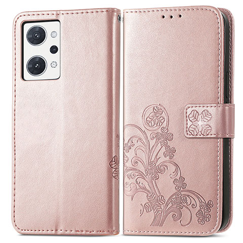 Funda de Cuero Cartera con Soporte Flores Carcasa para Oppo Reno7 A Rosa