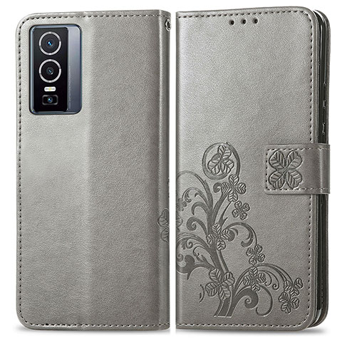 Funda de Cuero Cartera con Soporte Flores Carcasa para Vivo Y76 5G Gris