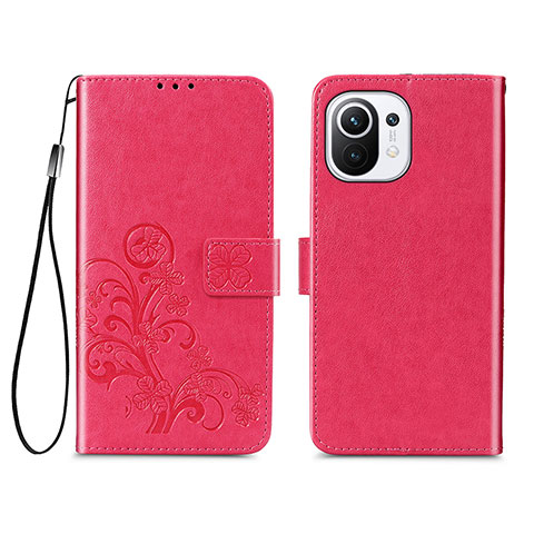 Funda de Cuero Cartera con Soporte Flores Carcasa para Xiaomi Mi 11 5G Rojo
