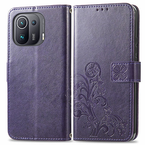 Funda de Cuero Cartera con Soporte Flores Carcasa para Xiaomi Mi 11 Pro 5G Morado