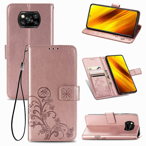 Funda de Cuero Cartera con Soporte Flores Carcasa para Xiaomi Poco X3 Pro Rosa