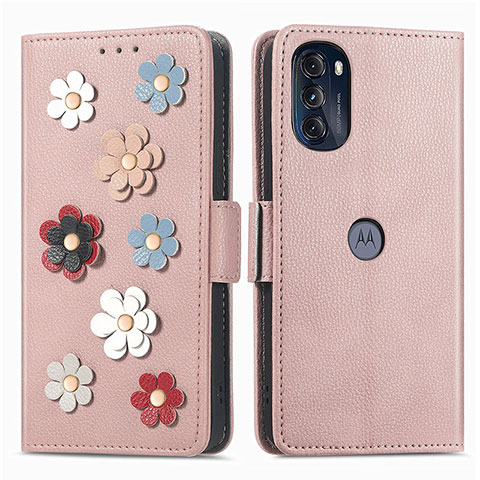 Funda de Cuero Cartera con Soporte Flores Carcasa S02D para Motorola Moto G 5G (2022) Oro Rosa