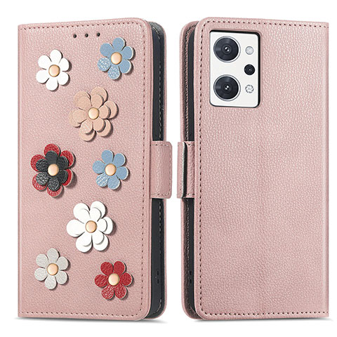 Funda de Cuero Cartera con Soporte Flores Carcasa S02D para Oppo Reno7 A Oro Rosa