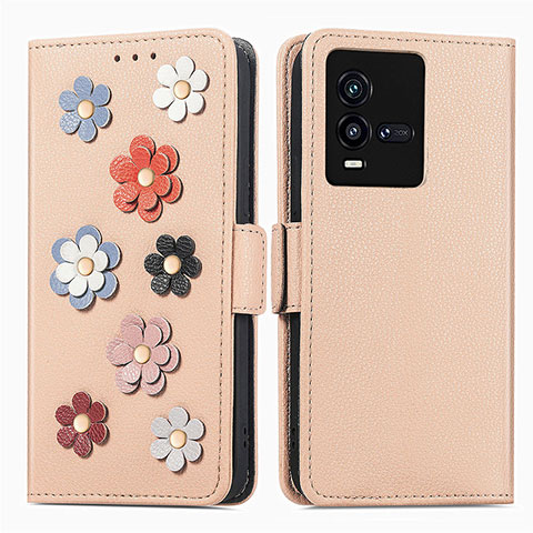 Funda de Cuero Cartera con Soporte Flores Carcasa S02D para Vivo iQOO 10 5G Caqui