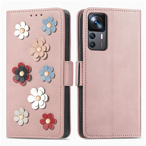 Funda de Cuero Cartera con Soporte Flores Carcasa S02D para Xiaomi Mi 12T Pro 5G Oro Rosa