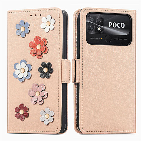 Funda de Cuero Cartera con Soporte Flores Carcasa S02D para Xiaomi Poco C40 Caqui