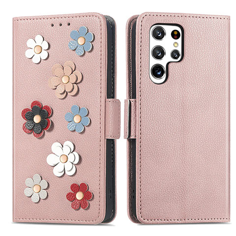 Funda de Cuero Cartera con Soporte Flores Carcasa S04D para Samsung Galaxy S22 Ultra 5G Oro Rosa