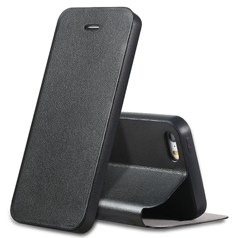 Funda de Cuero Cartera con Soporte L01 para Apple iPhone 5S Negro