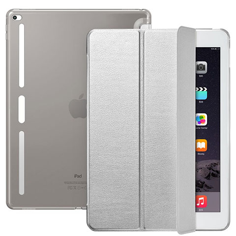 Funda de Cuero Cartera con Soporte L02 para Apple iPad Pro 12.9 Plata