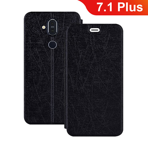 Funda de Cuero Cartera con Soporte L02 para Nokia 7.1 Plus Negro