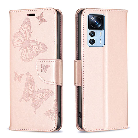 Funda de Cuero Cartera con Soporte Mariposa Carcasa B01F para Xiaomi Mi 12T 5G Oro Rosa