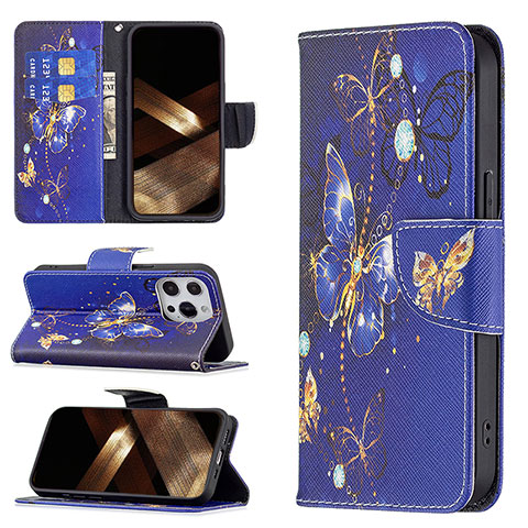 Funda de Cuero Cartera con Soporte Mariposa Carcasa L07 para Apple iPhone 14 Pro Azul Real