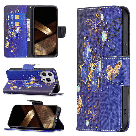 Funda de Cuero Cartera con Soporte Mariposa Carcasa L07 para Apple iPhone 14 Pro Max Azul Real