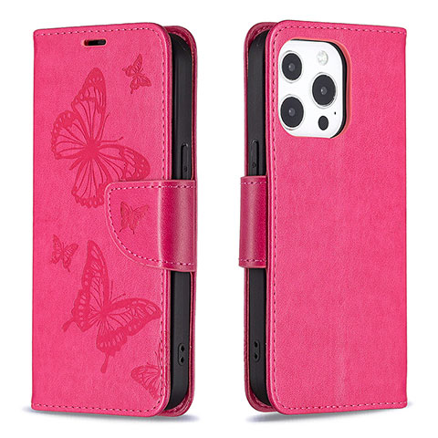 Funda de Cuero Cartera con Soporte Mariposa Carcasa L09 para Apple iPhone 15 Pro Rosa Roja