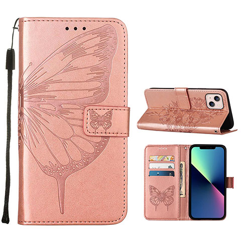 Funda de Cuero Cartera con Soporte Mariposa Carcasa L10 para Apple iPhone 14 Plus Oro Rosa