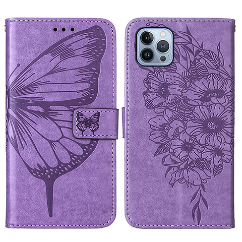 Funda de Cuero Cartera con Soporte Mariposa Carcasa L10 para Apple iPhone 14 Pro Purpura Claro