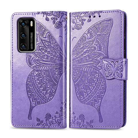 Funda de Cuero Cartera con Soporte Mariposa Carcasa para Huawei P40 Purpura Claro