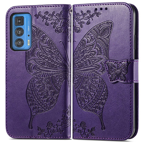 Funda de Cuero Cartera con Soporte Mariposa Carcasa para Motorola Moto Edge 20 Pro 5G Morado