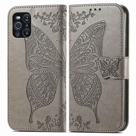 Funda de Cuero Cartera con Soporte Mariposa Carcasa para Oppo Find X3 5G Gris