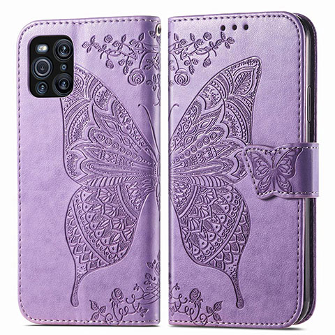 Funda de Cuero Cartera con Soporte Mariposa Carcasa para Oppo Find X3 5G Purpura Claro