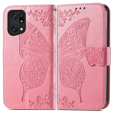 Funda de Cuero Cartera con Soporte Mariposa Carcasa para Oppo Find X5 5G Rosa Roja