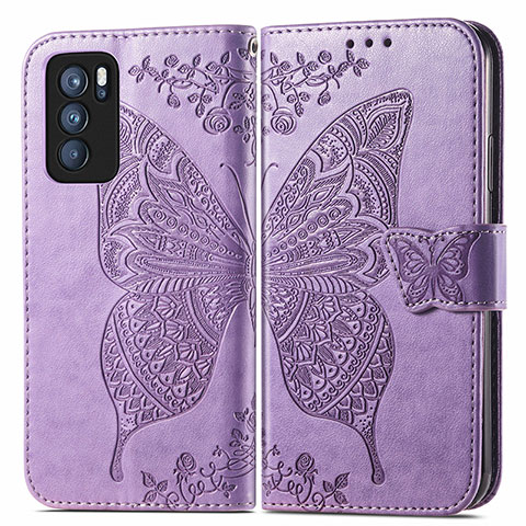 Funda de Cuero Cartera con Soporte Mariposa Carcasa para Oppo Reno6 Pro 5G India Purpura Claro