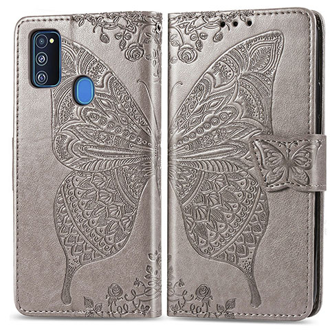 Funda de Cuero Cartera con Soporte Mariposa Carcasa para Samsung Galaxy M21 Gris