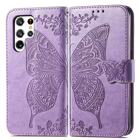 Funda de Cuero Cartera con Soporte Mariposa Carcasa para Samsung Galaxy S21 Ultra 5G Purpura Claro