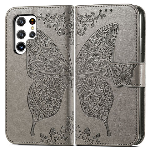 Funda de Cuero Cartera con Soporte Mariposa Carcasa para Samsung Galaxy S22 Ultra 5G Gris