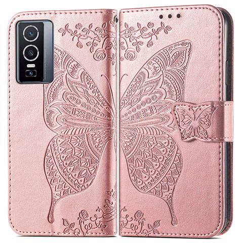 Funda de Cuero Cartera con Soporte Mariposa Carcasa para Vivo Y76 5G Rosa