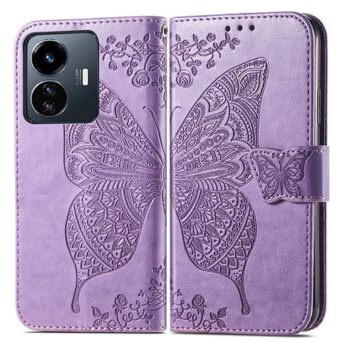 Funda de Cuero Cartera con Soporte Mariposa Carcasa para Vivo Y77e 5G Purpura Claro