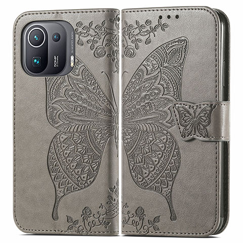 Funda de Cuero Cartera con Soporte Mariposa Carcasa para Xiaomi Mi 11 Pro 5G Gris