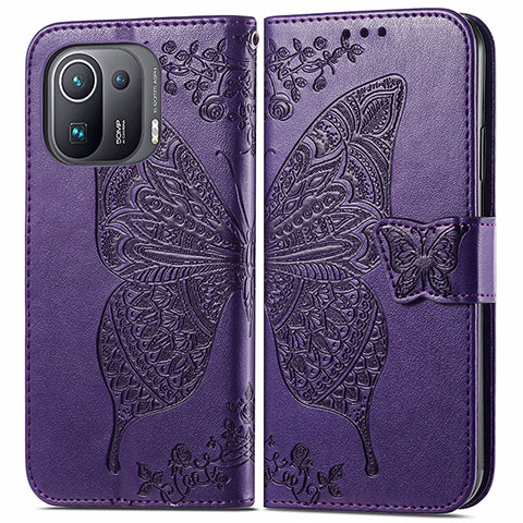 Funda de Cuero Cartera con Soporte Mariposa Carcasa para Xiaomi Mi 11 Pro 5G Morado