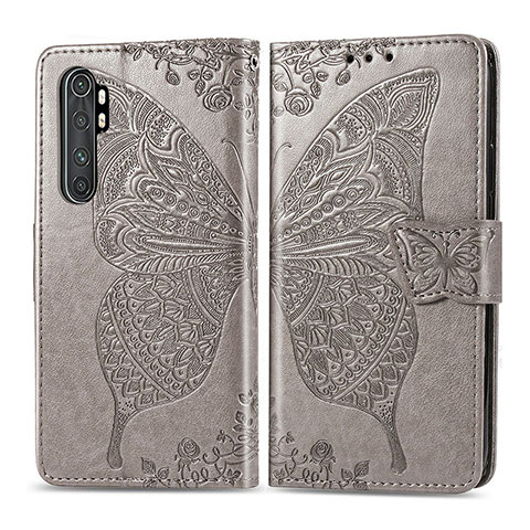 Funda de Cuero Cartera con Soporte Mariposa Carcasa para Xiaomi Mi Note 10 Lite Gris