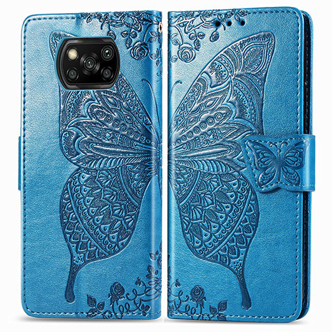 Funda de Cuero Cartera con Soporte Mariposa Carcasa para Xiaomi Poco X3 NFC Azul