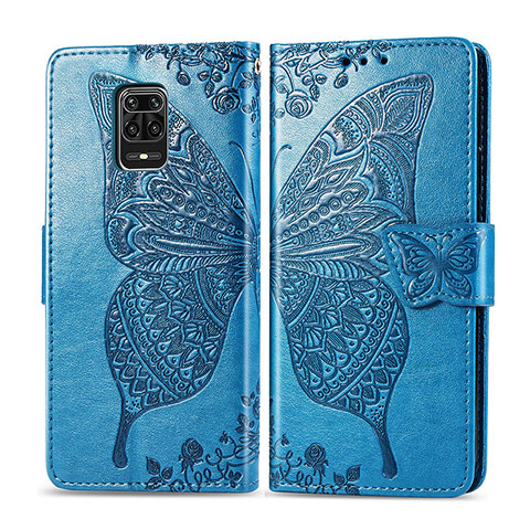 Funda de Cuero Cartera con Soporte Mariposa Carcasa para Xiaomi Redmi Note 9 Pro Azul