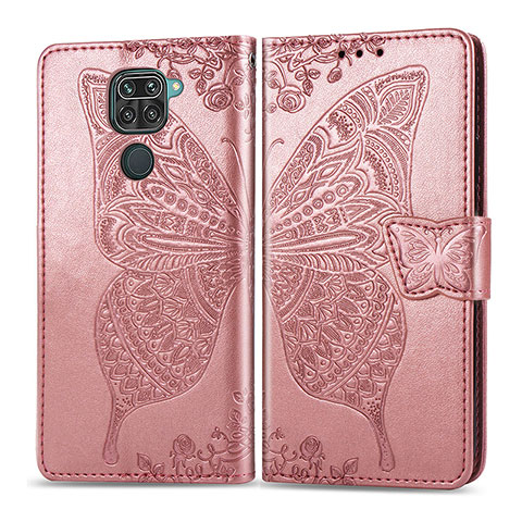 Funda de Cuero Cartera con Soporte Mariposa Carcasa para Xiaomi Redmi Note 9 Rosa