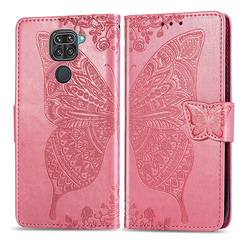 Funda de Cuero Cartera con Soporte Mariposa Carcasa para Xiaomi Redmi Note 9 Rosa Roja