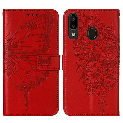 Funda de Cuero Cartera con Soporte Mariposa Carcasa Y01B para Samsung Galaxy A20 Rojo