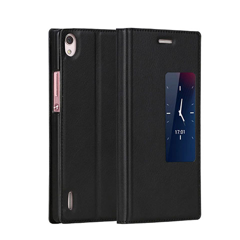 Funda de Cuero Cartera con Soporte para Huawei Ascend P7 Negro