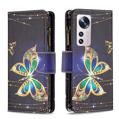 Funda de Cuero Cartera con Soporte Patron de Moda Carcasa B04F para Xiaomi Mi 12 Pro 5G Oro y Negro