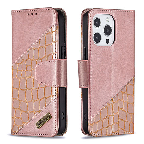 Funda de Cuero Cartera con Soporte Patron de Moda Carcasa L05 para Apple iPhone 14 Pro Oro Rosa