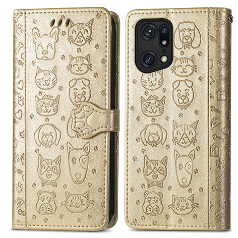 Funda de Cuero Cartera con Soporte Patron de Moda Carcasa S03D para Oppo Find X5 5G Oro