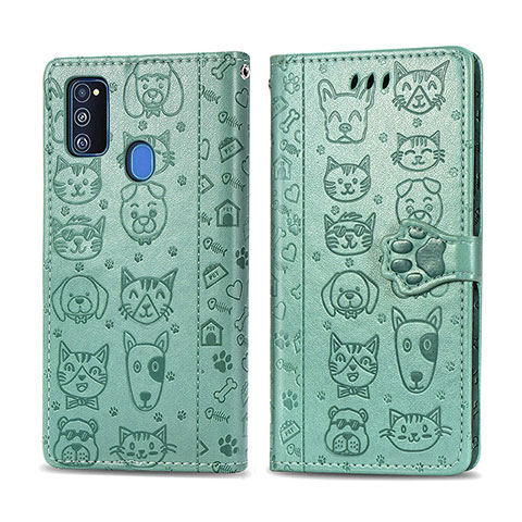 Funda de Cuero Cartera con Soporte Patron de Moda Carcasa S03D para Samsung Galaxy M21 Verde