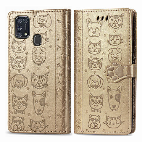 Funda de Cuero Cartera con Soporte Patron de Moda Carcasa S03D para Samsung Galaxy M21s Oro