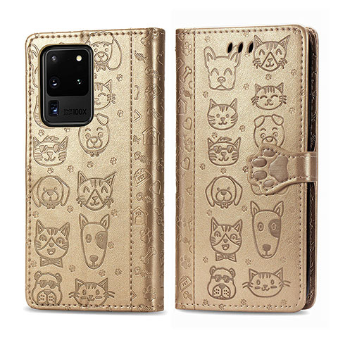 Funda de Cuero Cartera con Soporte Patron de Moda Carcasa S03D para Samsung Galaxy S20 Ultra Oro