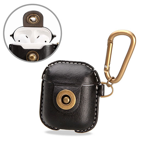 Funda de Cuero con Mosqueton Enchufe para AirPods Carcasa de Carga Negro