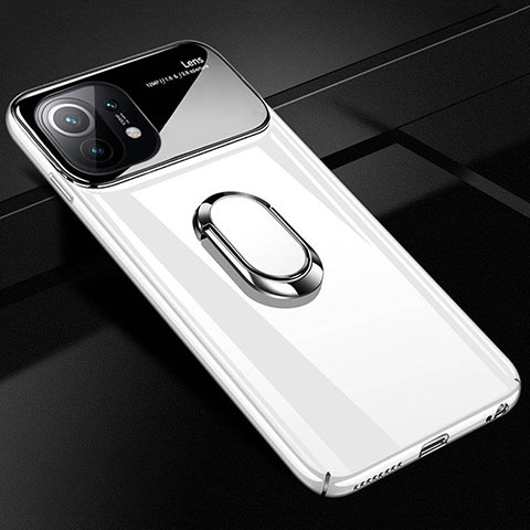 Funda Dura Plastico Rigida Carcasa Mate con Magnetico Anillo de dedo Soporte P01 para Xiaomi Mi 11 5G Blanco