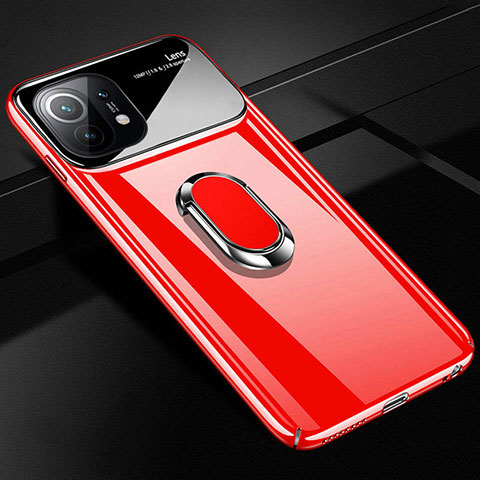 Funda Dura Plastico Rigida Carcasa Mate con Magnetico Anillo de dedo Soporte P01 para Xiaomi Mi 11 5G Rojo