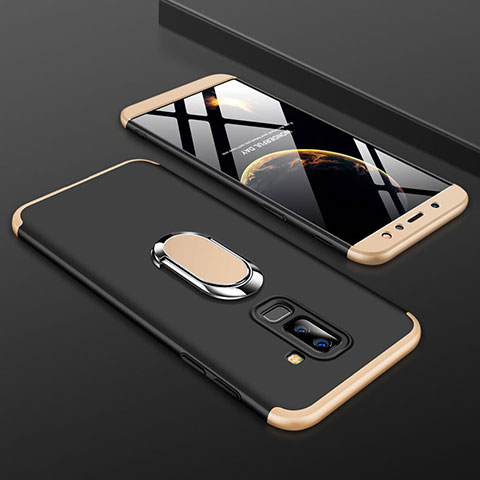 Funda Dura Plastico Rigida Carcasa Mate Frontal y Trasera 360 Grados con Anillo de dedo Soporte para Samsung Galaxy A6 Plus (2018) Oro y Negro